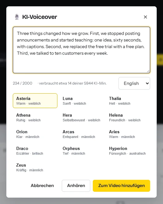 Der Dialog „KI-Voiceover“ mit eingetipptem Skript, einem Zähler, der 234 von 2.000 Zeichen und etwa 14 KI-Minuten anzeigt, einem Sprachmenü und dreizehn englischen Stimmen