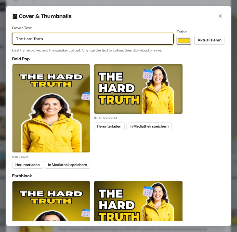 Der Dialog „Cover & Thumbnails“: ein Feld für den Cover-Text und eine Farbe sowie zwei Designs, jeweils als 9:16-Cover und 16:9-Thumbnail, mit den Buttons „Herunterladen“ und „In Mediathek speichern“
