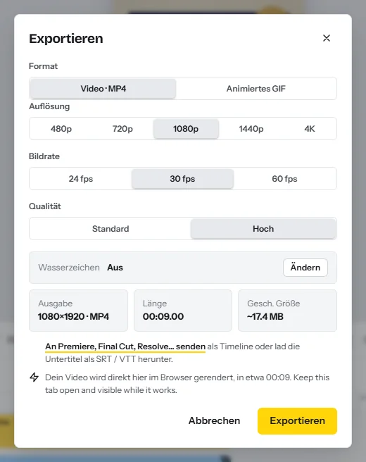 Der Dialog „Exportieren“: MP4 oder animiertes GIF, Auflösung von 480p bis 4K, 24, 30 oder 60 fps, Standard- oder hohe Qualität und die geschätzte Dateigröße