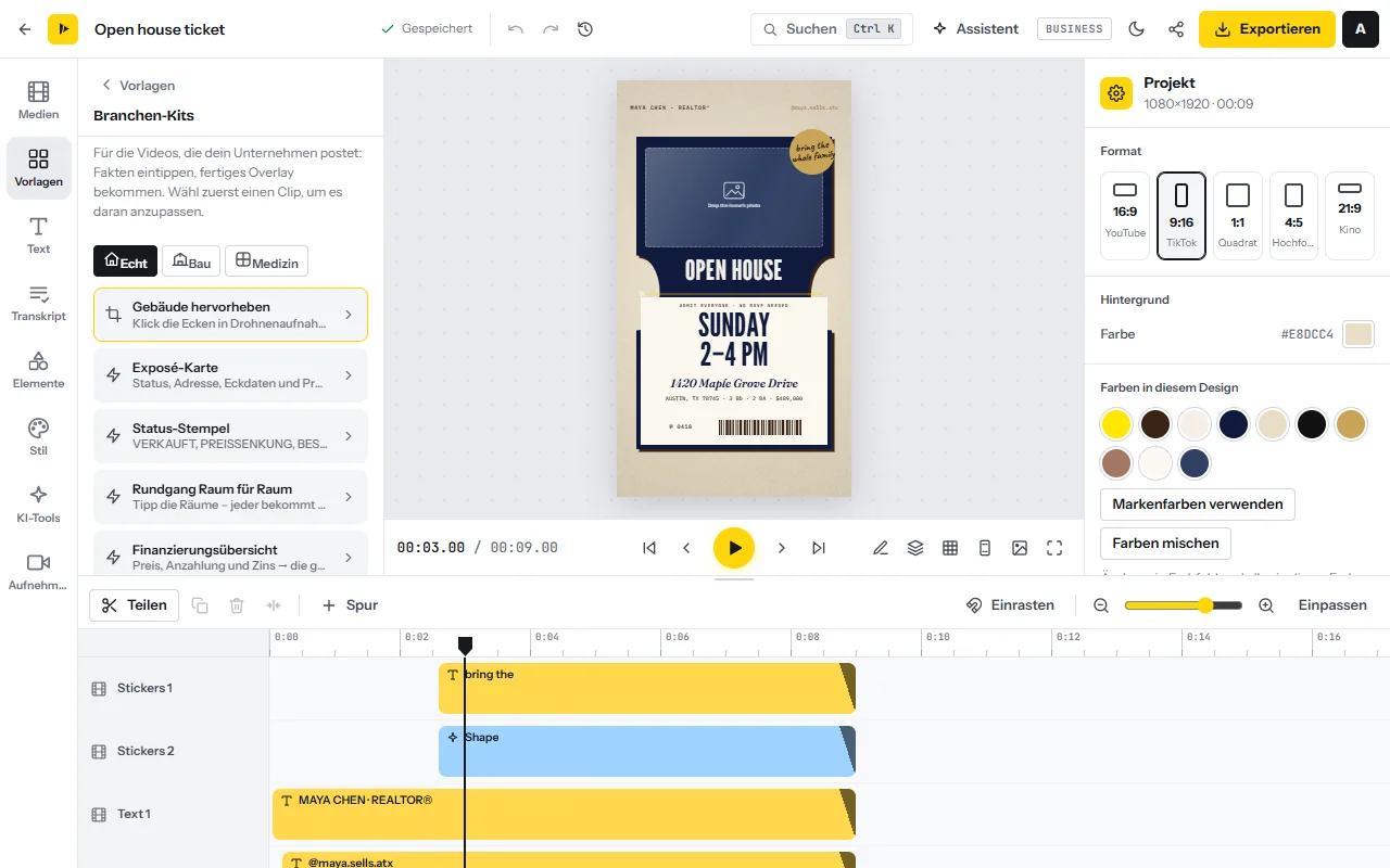 Das Panel „Branchen-Kits“ mit den Tabs Immobilien, Bau und Medizin und den Immobilien-Overlays: Gebäude hervorheben, Exposé-Karte, Status-Stempel, Rundgang Raum für Raum, Finanzierungsübersicht