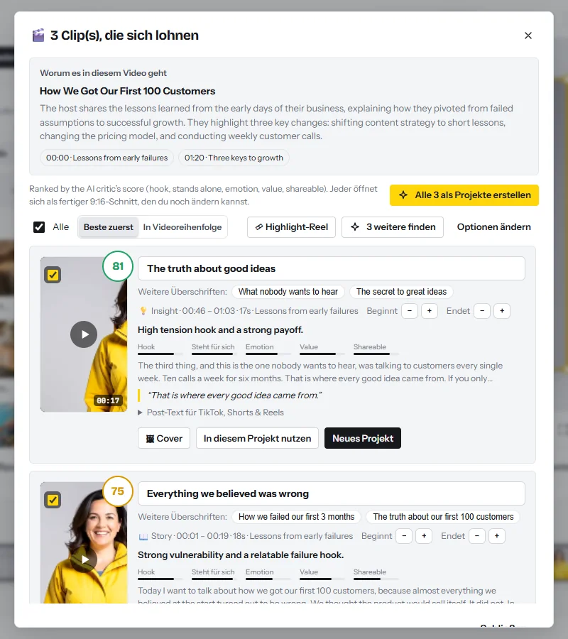 Ergebnisse von Magic Clips: eine Zusammenfassung des Videos mit Kapiteln, dann die Clips nach Score sortiert, mit Überschrift, alternativen Überschriften, Zeitbereich, fünf Score-Balken und Buttons für die Vorschau, ein Cover, die Nutzung in diesem Projekt und das Öffnen als neues Projekt