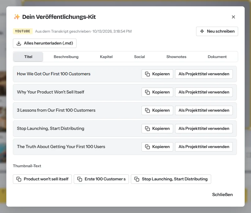 Das Veröffentlichungs-Kit: Titelvorschläge, eine Beschreibung, Kapitel mit Zeitstempeln, Hashtags und Posts, geschrieben aus dem, was im Video gesagt wird