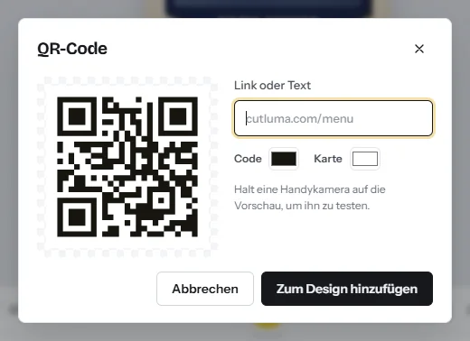 Der Dialog „QR-Code“: ein Feld für den Link, Farben für Code und Karte, eine Live-Vorschau des Codes und ein Button „Zum Design hinzufügen“