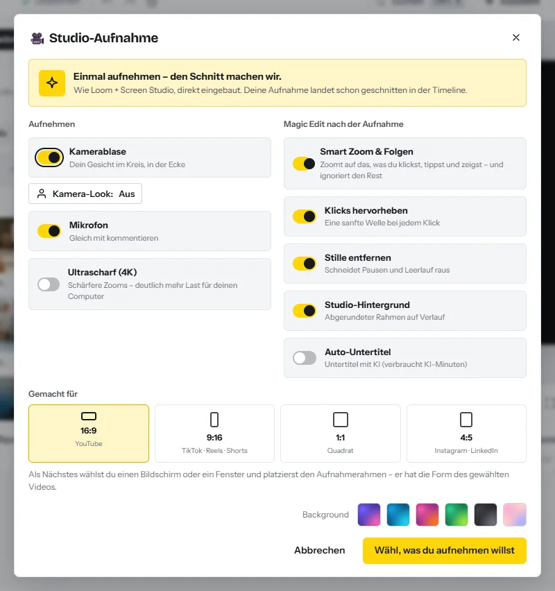 Der Dialog „Studio-Aufnahme“: Schalter für Kamerablase, Mikrofon und 4K, die Bearbeitungen, die nach der Aufnahme angewendet werden (Smart Zoom, Klicks hervorheben, Stille entfernen, Studio-Hintergrund, Auto-Untertitel), und die Formatauswahl