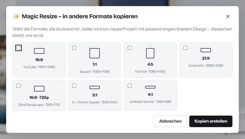 Der Dialog „Magic Resize“, in andere Formate kopieren: Kontrollkästchen für 16:9, 1:1, 4:5, 21:9 und Bannerformate sowie der Button „Kopien erstellen“