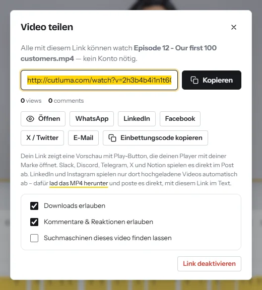 Der Dialog „Video teilen“: ein Link zum Ansehen mit dem Button „Kopieren“, Buttons für WhatsApp, LinkedIn, Facebook, X, E-Mail und Einbettungscode sowie Schalter für Downloads, Kommentare und Suchmaschinen