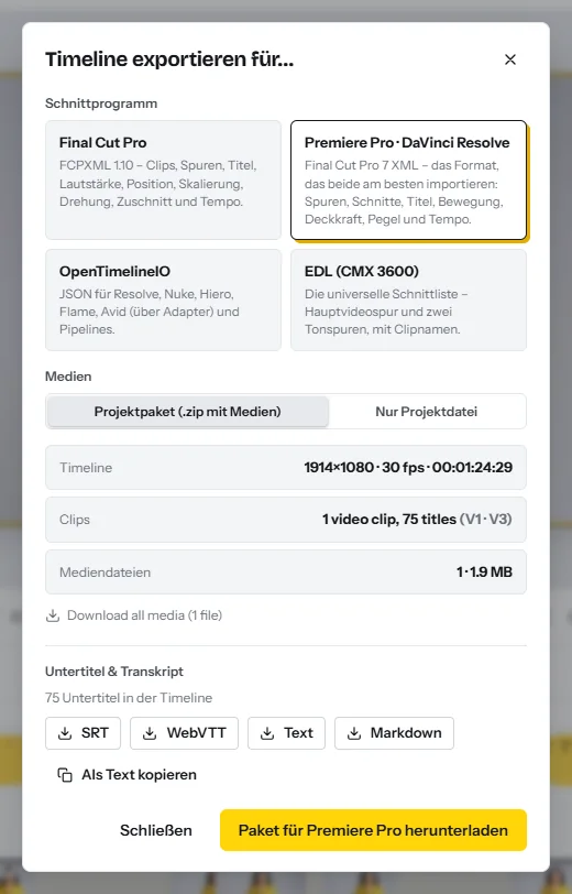 Der Dialog „Timeline exportieren für…“: Formate für Final Cut Pro, Premiere Pro und DaVinci Resolve, OpenTimelineIO und EDL und ganz unten Buttons, um die Untertitel als SRT, WebVTT, Text oder Markdown herunterzuladen