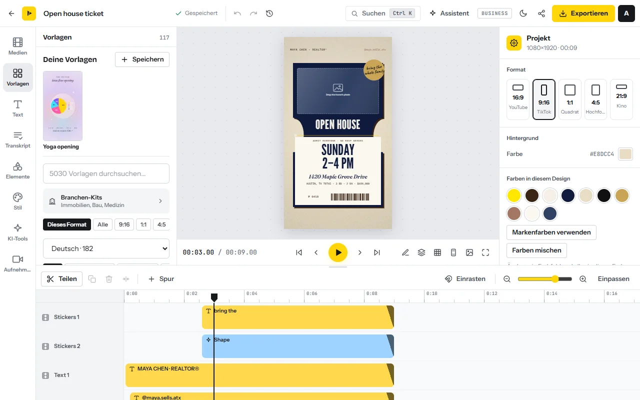 Der Tab „Vorlagen“ im Editor: „Deine Vorlagen“ mit dem Button „Speichern“, ein Suchfeld für die Galerie, die Zeile „Branchen-Kits“, Formatfilter und ein Sprachfilter