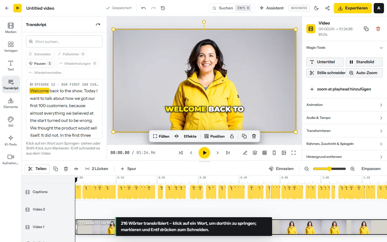 Der Tab „Transkript“ neben der Vorschau: die gesprochenen Wörter als Text, mit den Buttons „Schneiden“, „Füllwörter“, „Pausen“, „Wiederholungen“ und „Wiederherstellen“ sowie einem Suchfeld