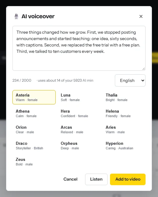 The AI voiceover dialog with a script typed in, a counter showing 234 of 2,000 characters and about 14 AI minutes, a language menu and thirteen English voices