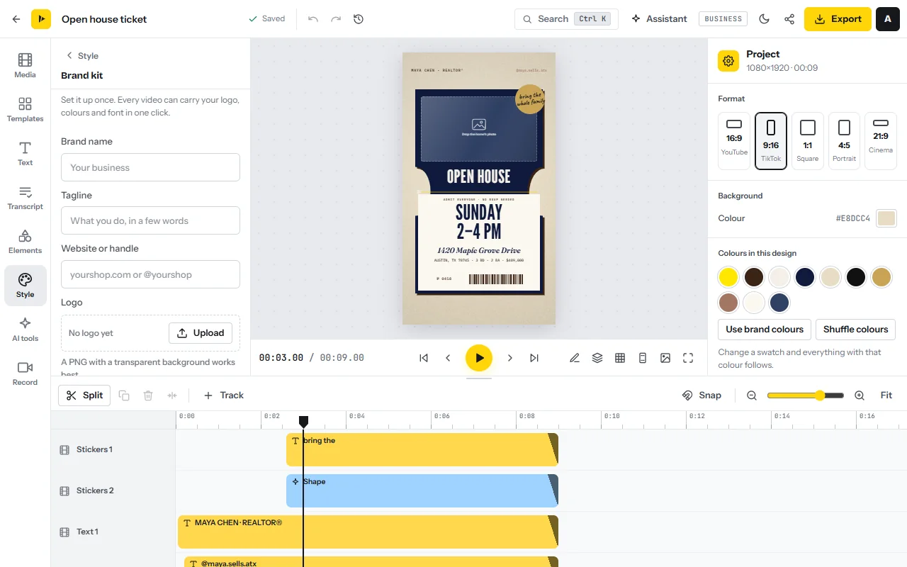 The Brand kit panel: fields for brand name, tagline, website or handle, and a logo upload