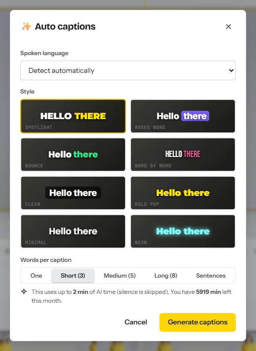 The Auto captions dialog: spoken language, eight caption styles from Spotlight to Neon, words per caption, and the AI time the job will use