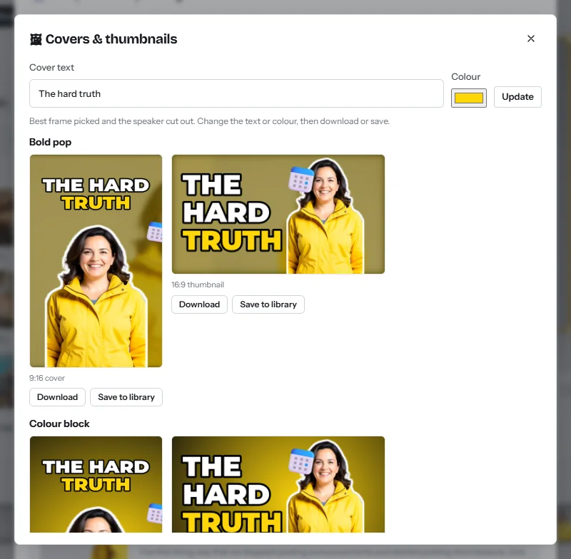 The Covers and thumbnails dialog: a cover text field and colour, and two designs each shown as a 9:16 cover and a 16:9 thumbnail with Download and Save to library buttons