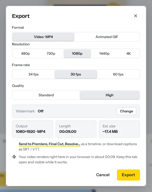 The Export dialog: MP4 or animated GIF, resolution from 480p to 4K, 24, 30 or 60 fps, standard or high quality, and the estimated file size
