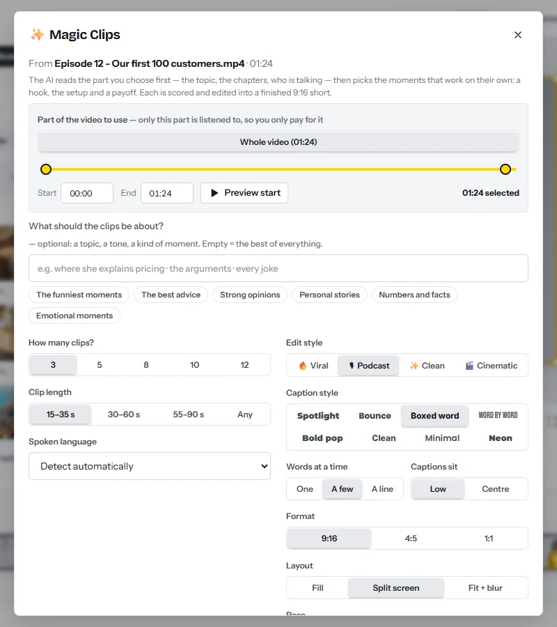 The Magic Clips options: the part of the video to use, how many clips, clip length, spoken language, edit style (Viral, Podcast, Clean), caption style, format, layout, pace, look and the list of edits