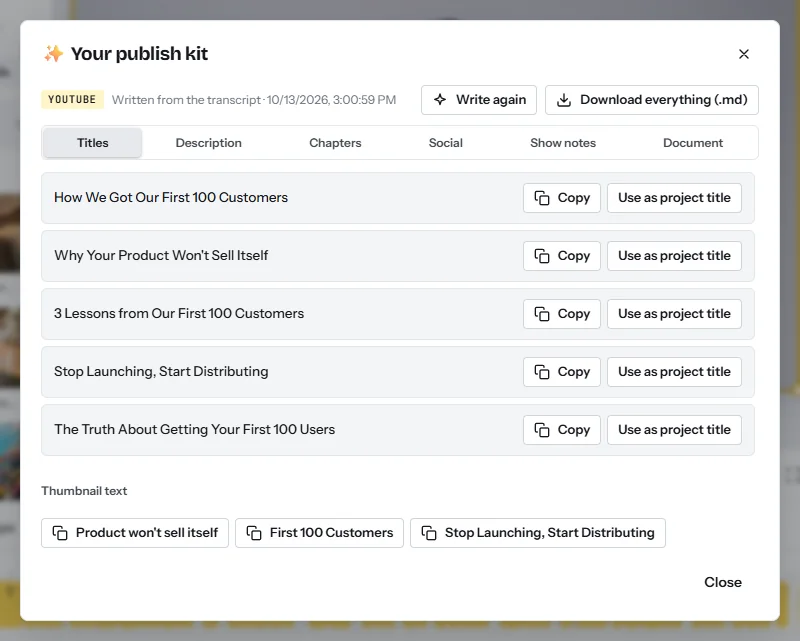The Publish kit: suggested titles, a description, chapters with timestamps, hashtags and posts written from what is said in the video