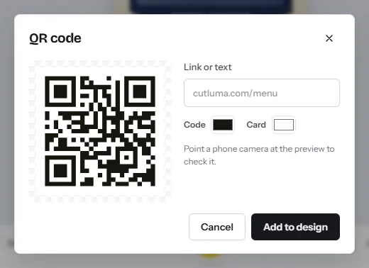 The QR code dialog: a link field, code and card colours, a live preview of the code and an Add to design button