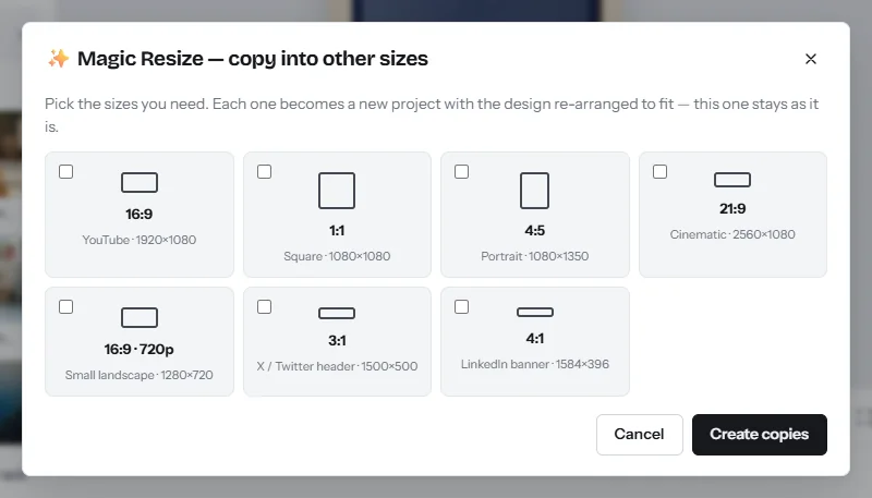 The Magic Resize dialog, copy into other sizes: tick boxes for 16:9, 1:1, 4:5, 21:9 and banner sizes, and a Create copies button