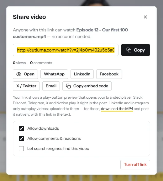 The Share video dialog: a watch link with a Copy button, buttons for WhatsApp, LinkedIn, Facebook, X, email and embed code, and switches for downloads, comments and search engines