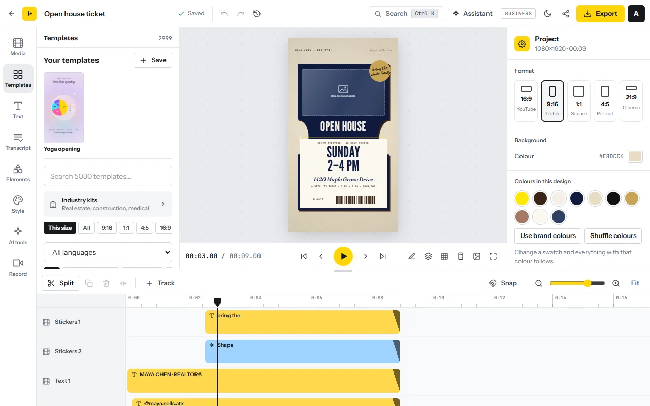 The Templates tab of the editor: Your templates with a Save button, a search box for the gallery, the Industry kits row, size filters and a language filter