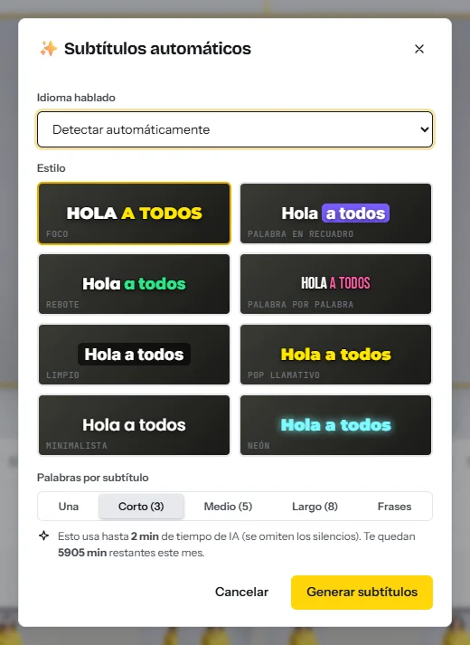 El cuadro Subtítulos automáticos: el idioma hablado, ocho estilos de subtítulos, de Foco a Neón, las palabras por subtítulo y el tiempo de IA que usará el trabajo