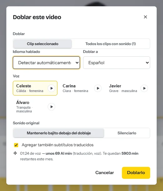 El cuadro Doblar este video: el idioma hablado, el idioma al que se dobla, cuatro voces en español con botones de muestra, la opción de mantener el sonido original bajito debajo del doblaje y los minutos de IA que usará el trabajo
