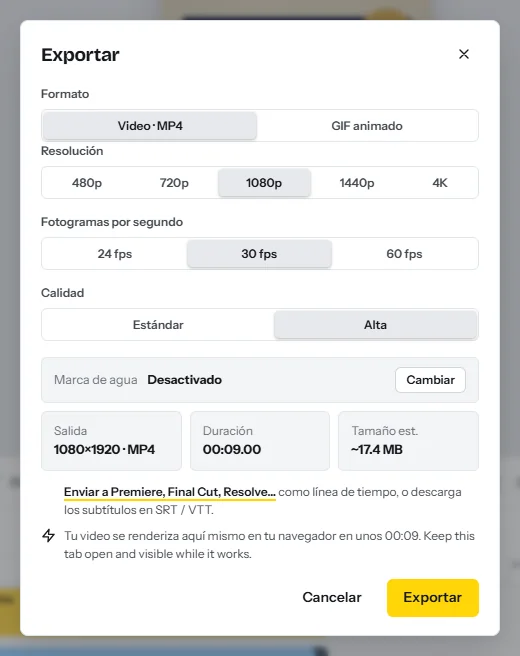 El cuadro de diálogo Exportar: MP4 o GIF animado, resolución de 480p a 4K, 24, 30 o 60 fps, calidad estándar o alta, y el tamaño estimado del archivo