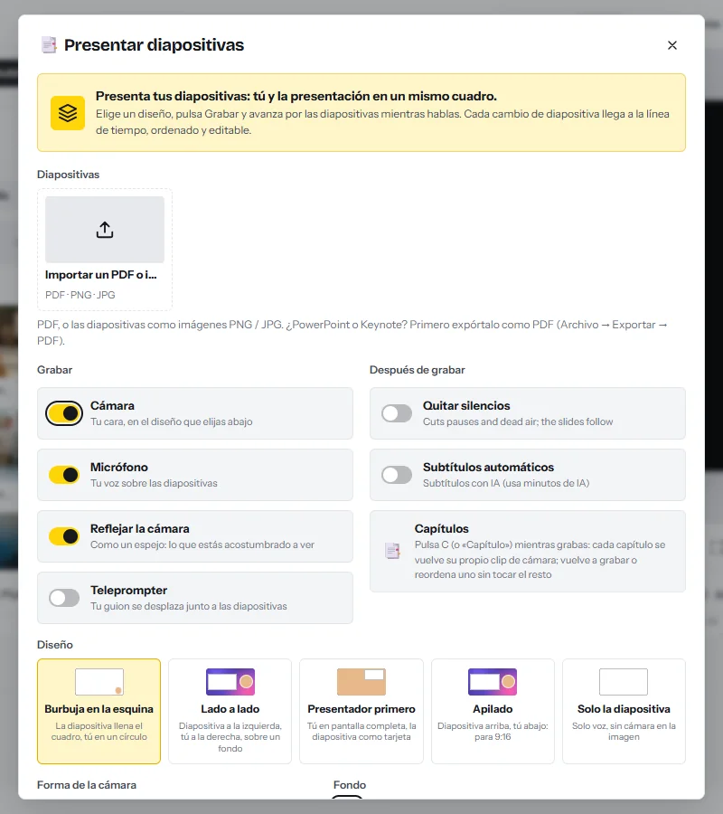 El cuadro Presentar diapositivas: importar un PDF o imágenes, interruptores para cámara, micrófono, espejo y teleprompter, opciones para quitar silencios, agregar subtítulos y marcar capítulos, y cinco diseños