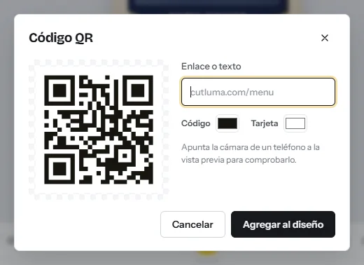 El cuadro Código QR: un campo para el enlace, los colores del código y de la tarjeta, una vista previa en vivo del código y un botón Agregar al diseño