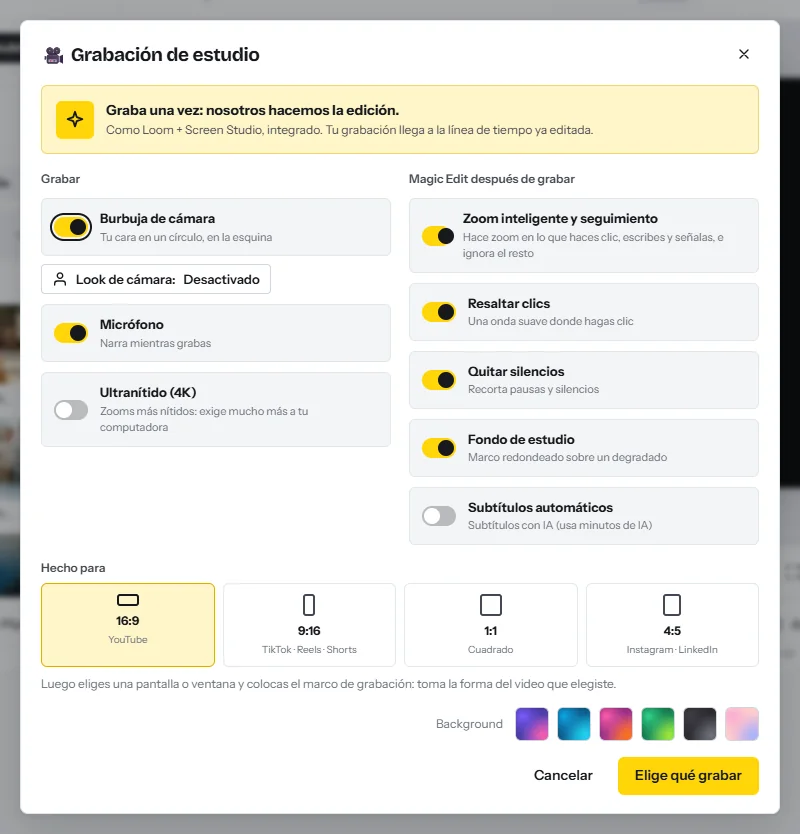El cuadro Grabación de estudio: interruptores para la burbuja de cámara, el micrófono y 4K, las ediciones que se aplican después de grabar (zoom inteligente, resaltar clics, quitar silencios, fondo de estudio, subtítulos automáticos) y las opciones de formato
