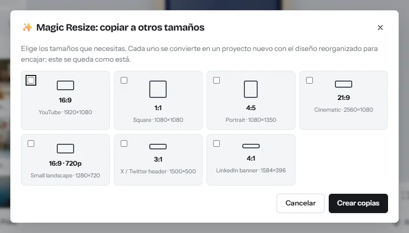El cuadro Magic Resize, copiar a otros tamaños: casillas para 16:9, 1:1, 4:5, 21:9 y tamaños de banner, y un botón Crear copias