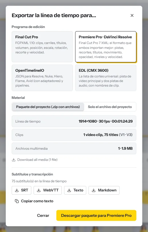 El cuadro Exportar la línea de tiempo: formatos para Final Cut Pro, Premiere Pro y DaVinci Resolve, OpenTimelineIO y EDL, y abajo los botones para descargar los subtítulos como SRT, WebVTT, texto o Markdown