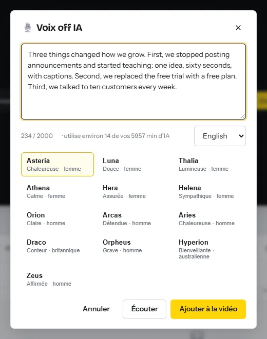 La fenêtre Voix off IA avec un script saisi, un compteur indiquant 234 caractères sur 2 000 et environ 14 minutes d’IA, un menu de langues et treize voix anglaises
