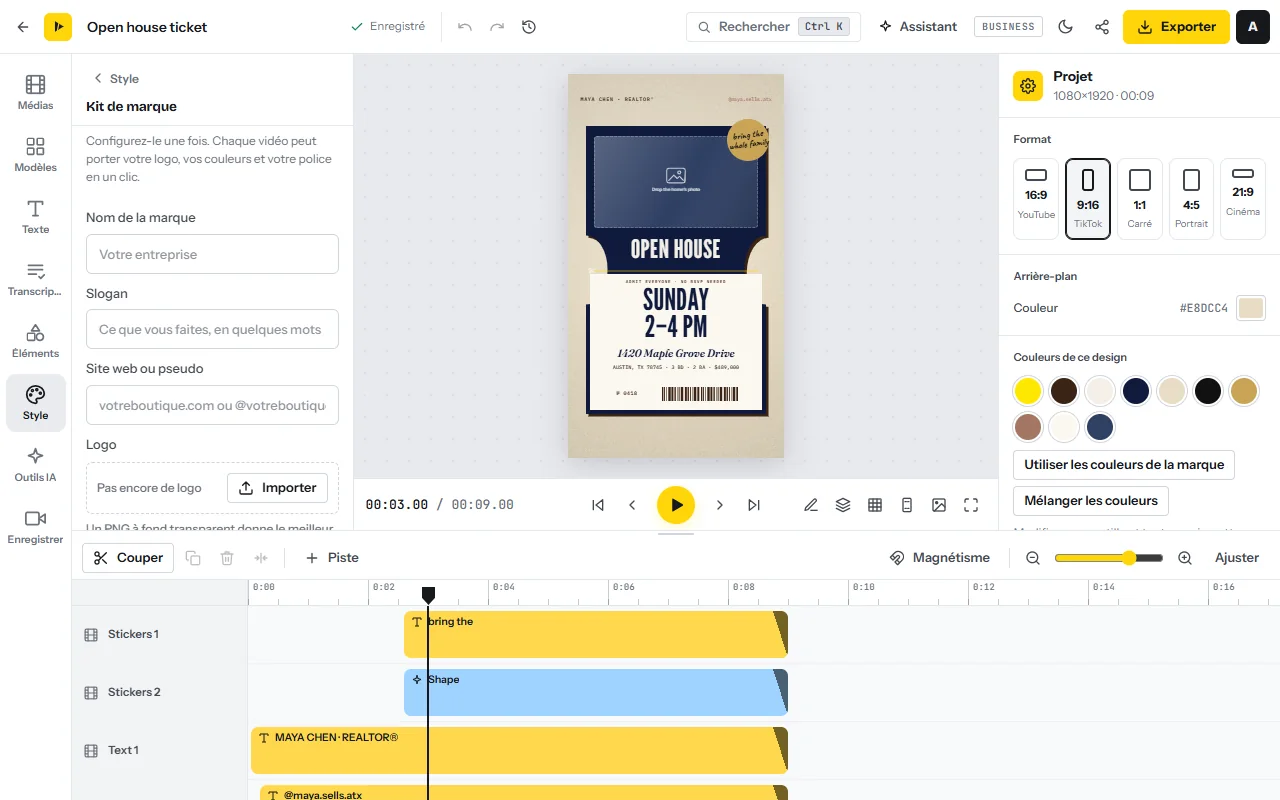 Le panneau Kit de marque : des champs pour le nom de la marque, le slogan, le site web ou le pseudo, et l’import du logo