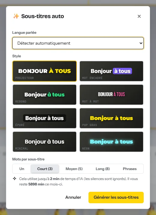 La fenêtre Sous-titres auto : la langue parlée, huit styles de sous-titres de Projecteur à Néon, le nombre de mots par sous-titre et le temps d’IA que la tâche utilisera