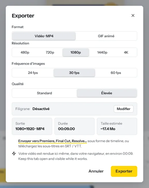 La fenêtre Exporter : MP4 ou GIF animé, résolution de 480p à 4K, 24, 30 ou 60 fps, qualité standard ou élevée, et la taille de fichier estimée
