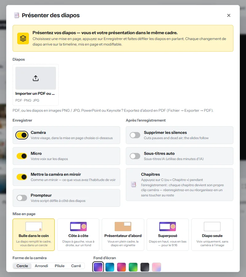 La boîte de dialogue Présenter des diapos : import d’un PDF ou d’images, interrupteurs pour la caméra, le micro, le miroir et le prompteur, options pour supprimer les silences, ajouter des sous-titres et marquer les chapitres, et cinq mises en page