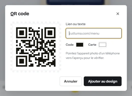 La fenêtre QR code : un champ pour le lien, les couleurs du code et de la carte, un aperçu en direct du code et un bouton Ajouter au design