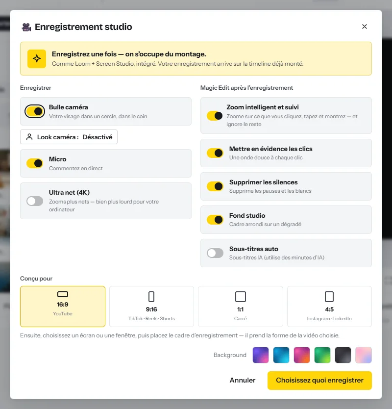 La fenêtre Enregistrement studio : des interrupteurs pour la bulle caméra, le micro et la 4K, les retouches appliquées après l’enregistrement (zoom intelligent, mise en évidence des clics, suppression des silences, fond studio, sous-titres auto) et les choix de format