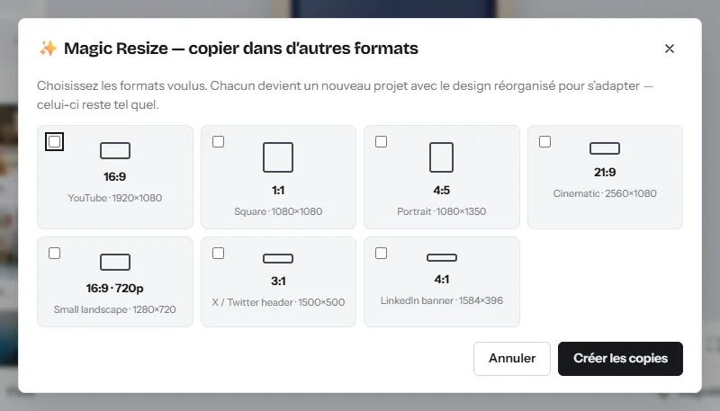 La boîte de dialogue Magic Resize, copier dans d’autres formats : cases à cocher pour le 16:9, le 1:1, le 4:5, le 21:9 et les formats bannière, et un bouton Créer les copies
