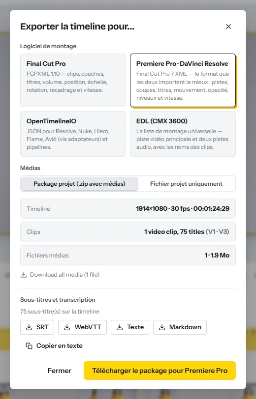 La fenêtre Exporter la timeline : les formats pour Final Cut Pro, Premiere Pro et DaVinci Resolve, OpenTimelineIO et EDL, et en bas des boutons pour télécharger les sous-titres en SRT, WebVTT, texte ou Markdown