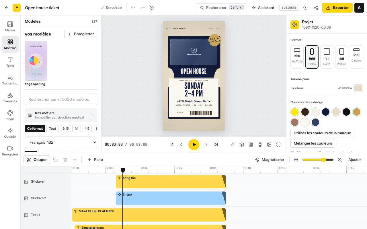 L’onglet Modèles de l’éditeur : Vos modèles avec un bouton Enregistrer, un champ de recherche pour la galerie, la rangée Kits métiers, des filtres de format et un filtre de langue