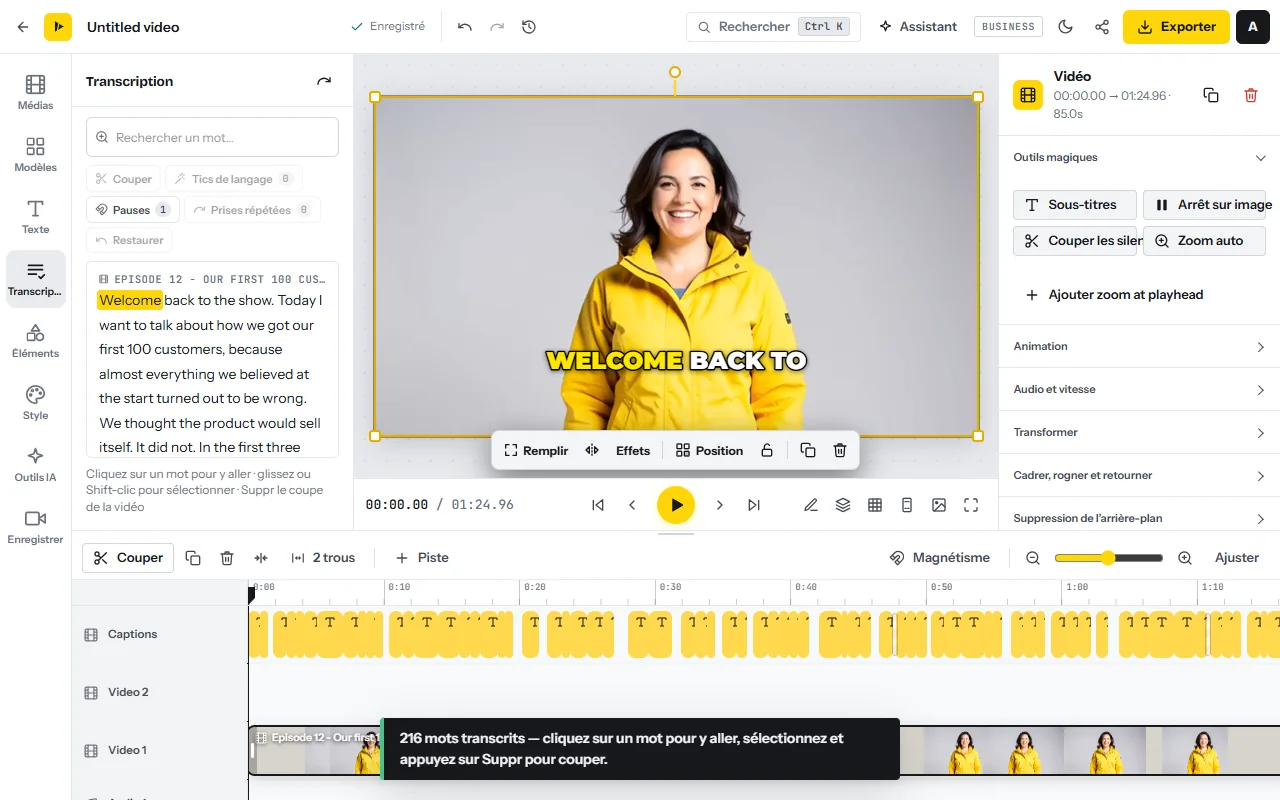 L’onglet Transcription à côté de l’aperçu : les paroles sous forme de texte, avec les boutons Couper, Tics de langage, Pauses, Prises répétées et Restaurer, et un champ de recherche