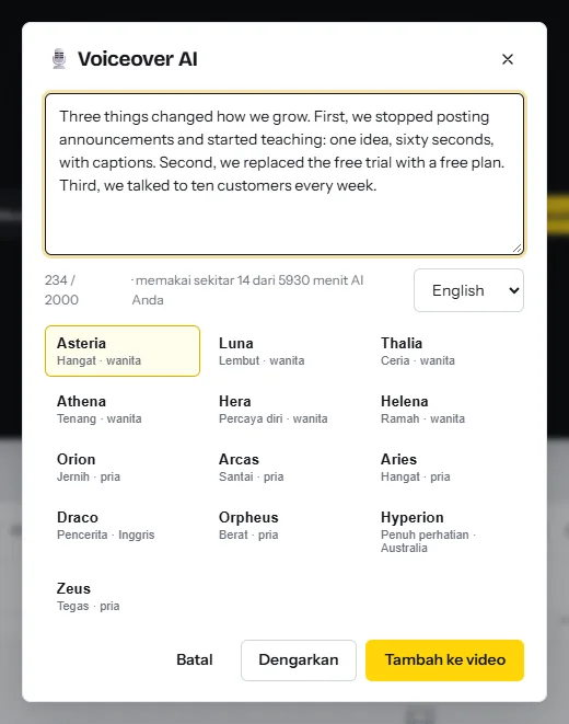 Dialog Voiceover AI dengan naskah yang sudah diketik, penghitung yang menunjukkan 234 dari 2.000 karakter dan sekitar 14 menit AI, menu bahasa, dan tiga belas suara berbahasa Inggris