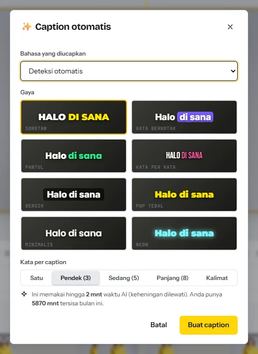Dialog Caption otomatis: bahasa yang diucapkan, delapan gaya caption dari Sorotan sampai Neon, jumlah kata per caption, dan waktu AI yang akan dipakai