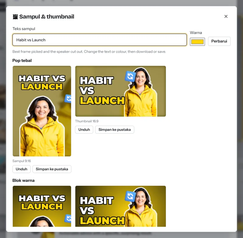Dialog Sampul dan thumbnail: kolom teks sampul dan warna, serta dua desain yang masing-masing ditampilkan sebagai sampul 9:16 dan thumbnail 16:9 dengan tombol Unduh dan Simpan ke pustaka