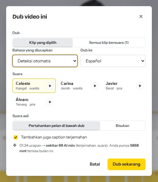 Dialog Dub video ini: bahasa yang diucapkan, bahasa tujuan dubbing, empat suara berbahasa Spanyol dengan tombol pratinjau, pilihan untuk mempertahankan suara asli pelan di bawah dub, dan menit AI yang akan dipakai
