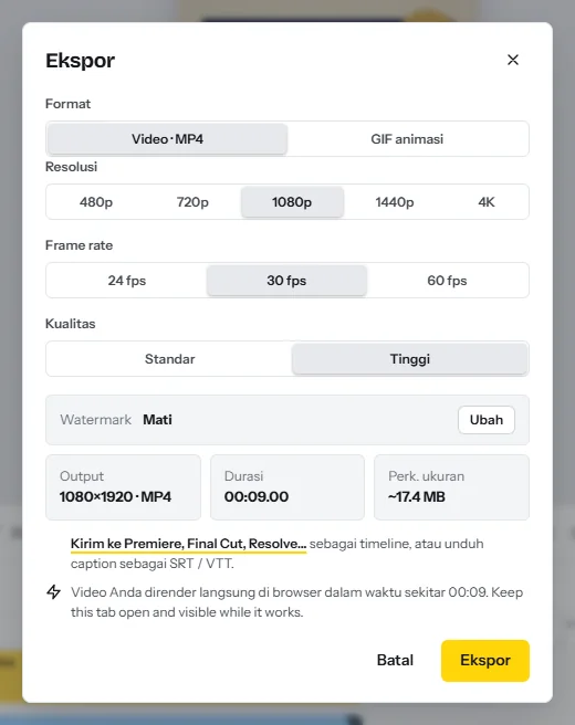 Dialog Ekspor: MP4 atau GIF animasi, resolusi dari 480p sampai 4K, 24, 30, atau 60 fps, kualitas standar atau tinggi, dan perkiraan ukuran file