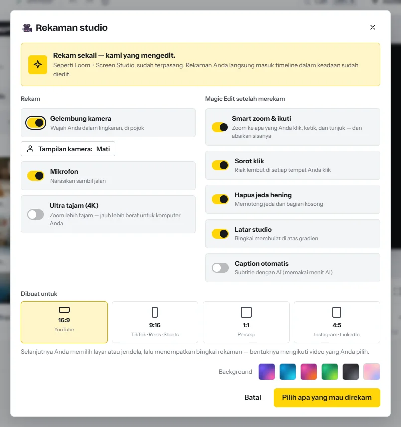 Dialog Rekaman studio: sakelar untuk gelembung kamera, mikrofon, dan 4K, editan yang diterapkan setelah merekam (smart zoom, sorot klik, hapus jeda hening, latar studio, caption otomatis), dan pilihan format