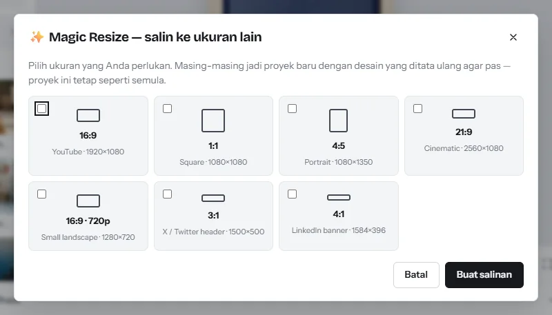 Dialog Magic Resize, salin ke ukuran lain: kotak centang untuk 16:9, 1:1, 4:5, 21:9 dan ukuran banner, serta tombol Buat salinan